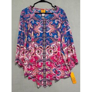 Ruby Rd Woman Plus Size 2X Paisley Print Blue Pink V Neck Tunic Top Blouse